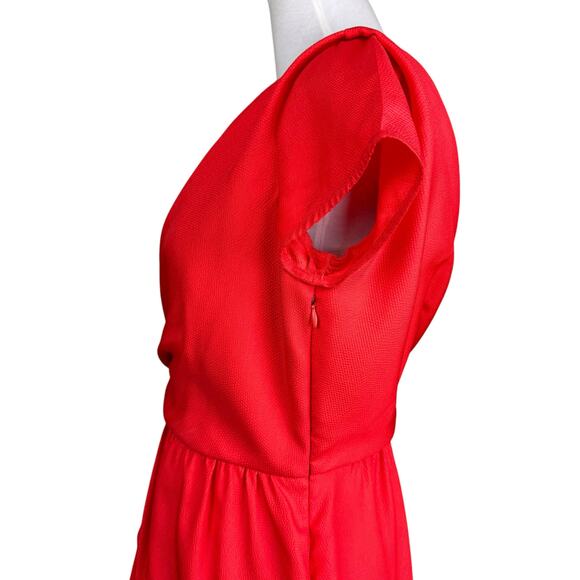 Julie Dillon Red Orange Textured Satin Crossover Sash Short Sleeve Sheath Dress - Picture 7 of 11